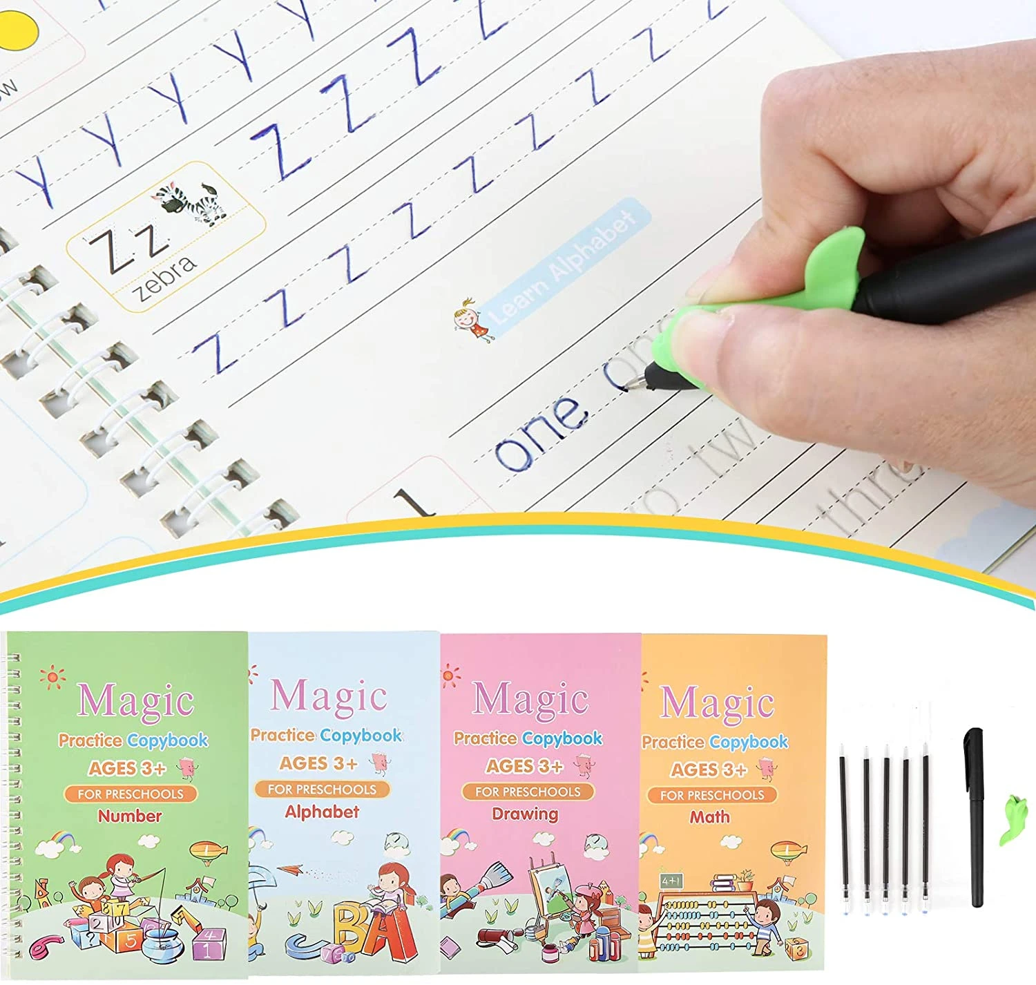 Magic Practice Copybook(4 BOOKS+5 INK REFILL) Children Tracing Handwriting